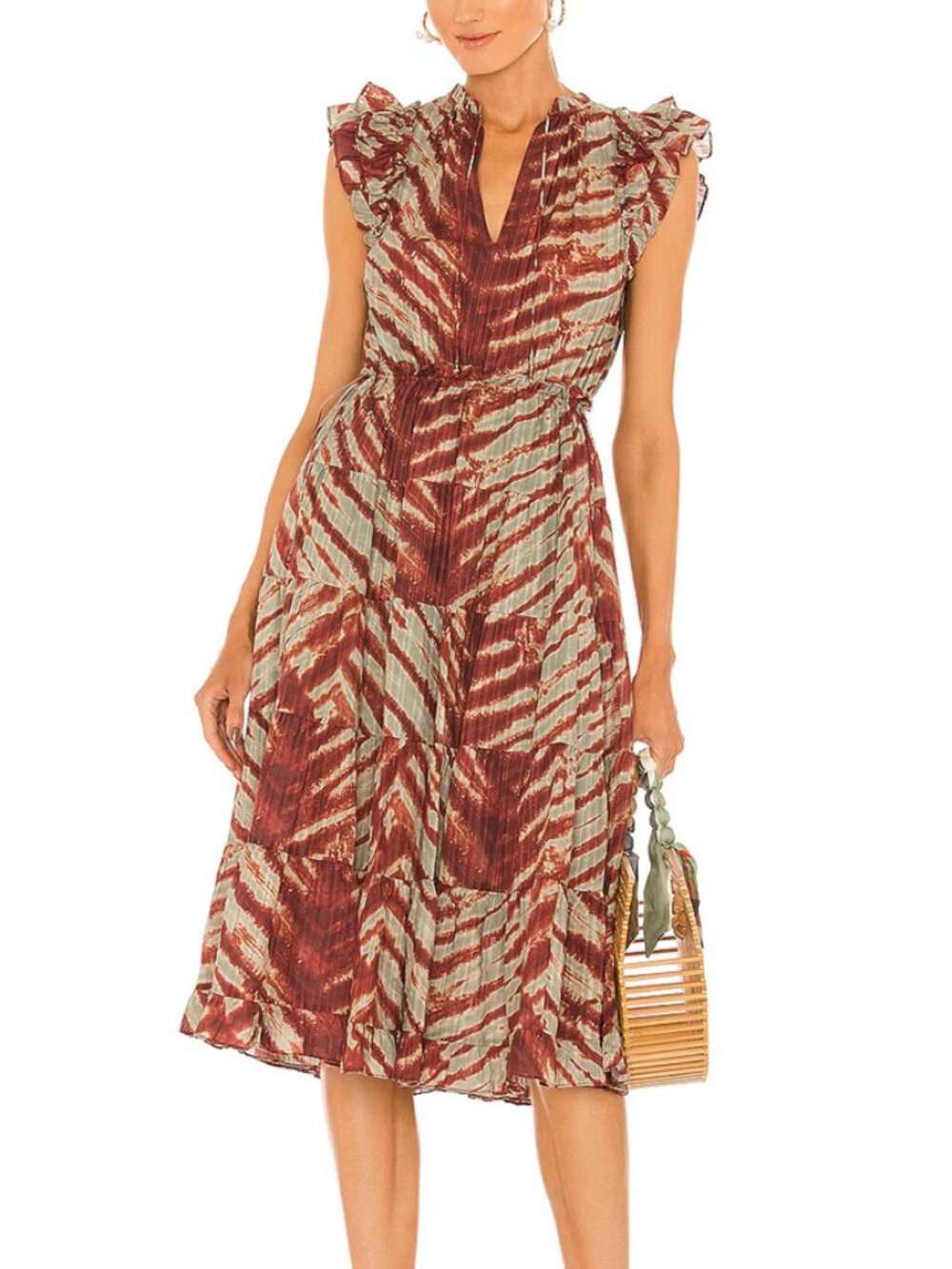 Ulla Johnson Pilar Canyon Abstract Print Ruffle Midi Dress Size 0